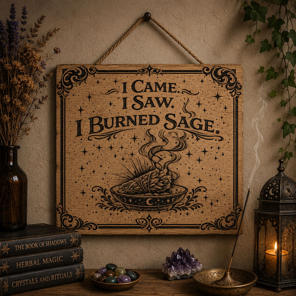 I came, I saw, I burned sage wooden sign
