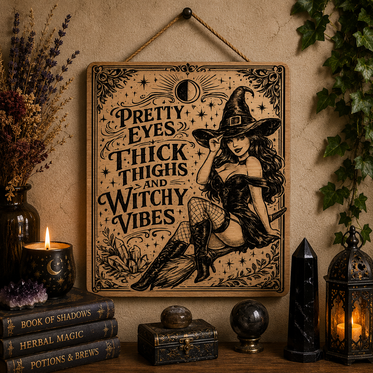 Thick thighs witchy vibes wooden sign
