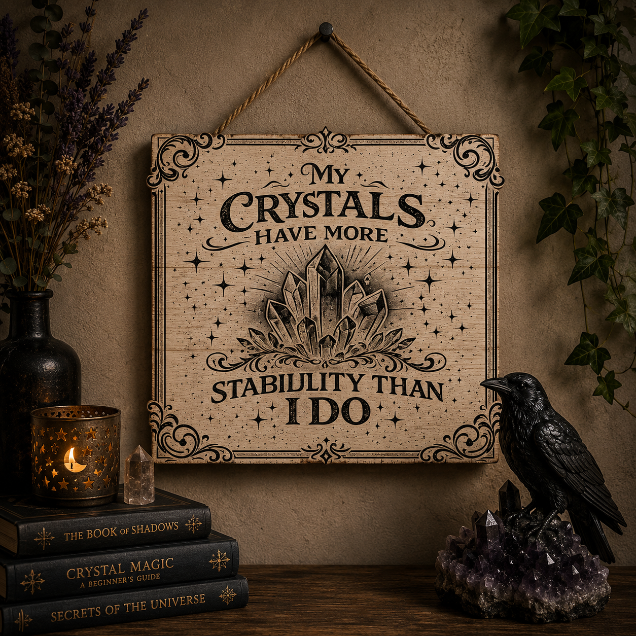My crystals have more stability wooden engraved sign