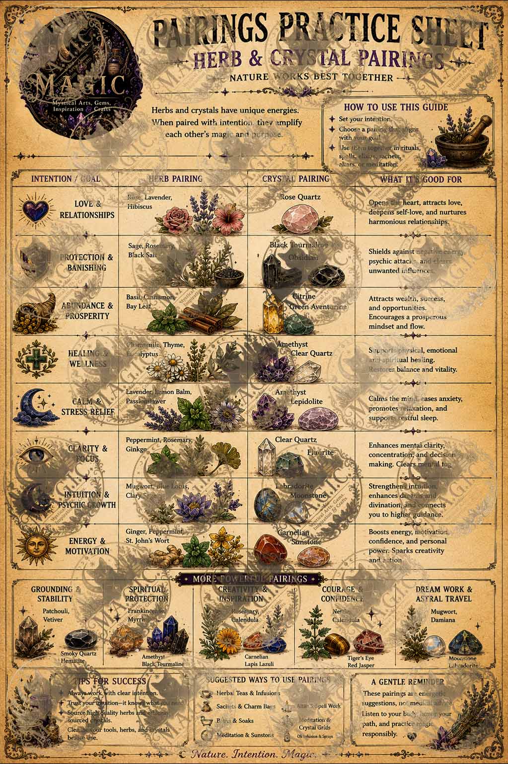 Crystal and herb pairing sheet 